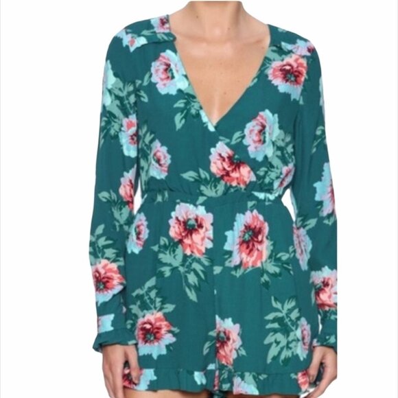 Minkpink Ruffled Floral Green Romper - Picture 1 of 10